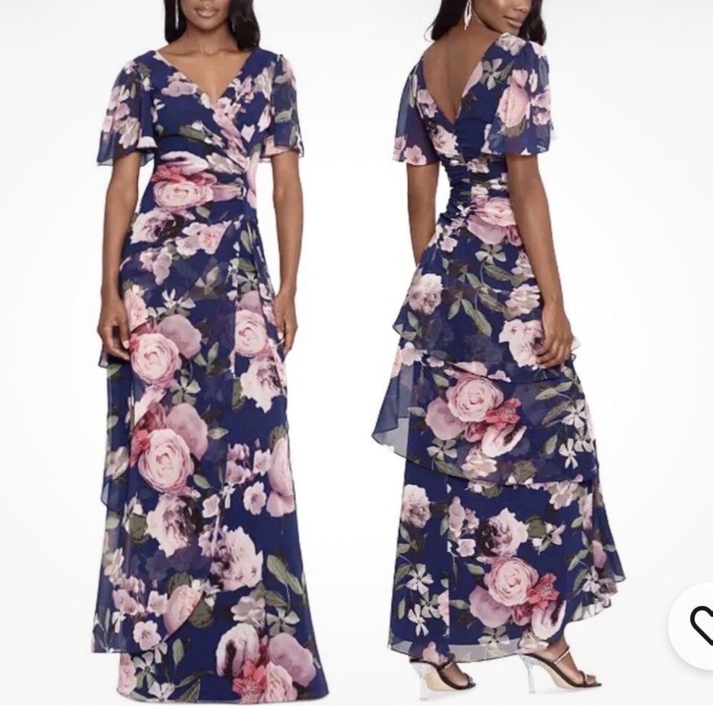 XScape Navy Blue Floral Ruffle Maxi Cocktail Dress | Size 12